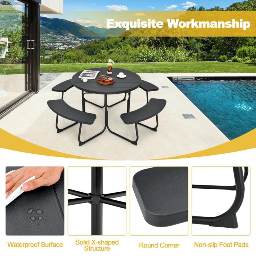 BABOOM 43-in Black Resin Round Picnic Table