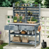 Blisstyle 64.9 Inchh Outdoor Potting Bench Table with Lockable Wheels Solid Wood Outdoor Kitchen Island