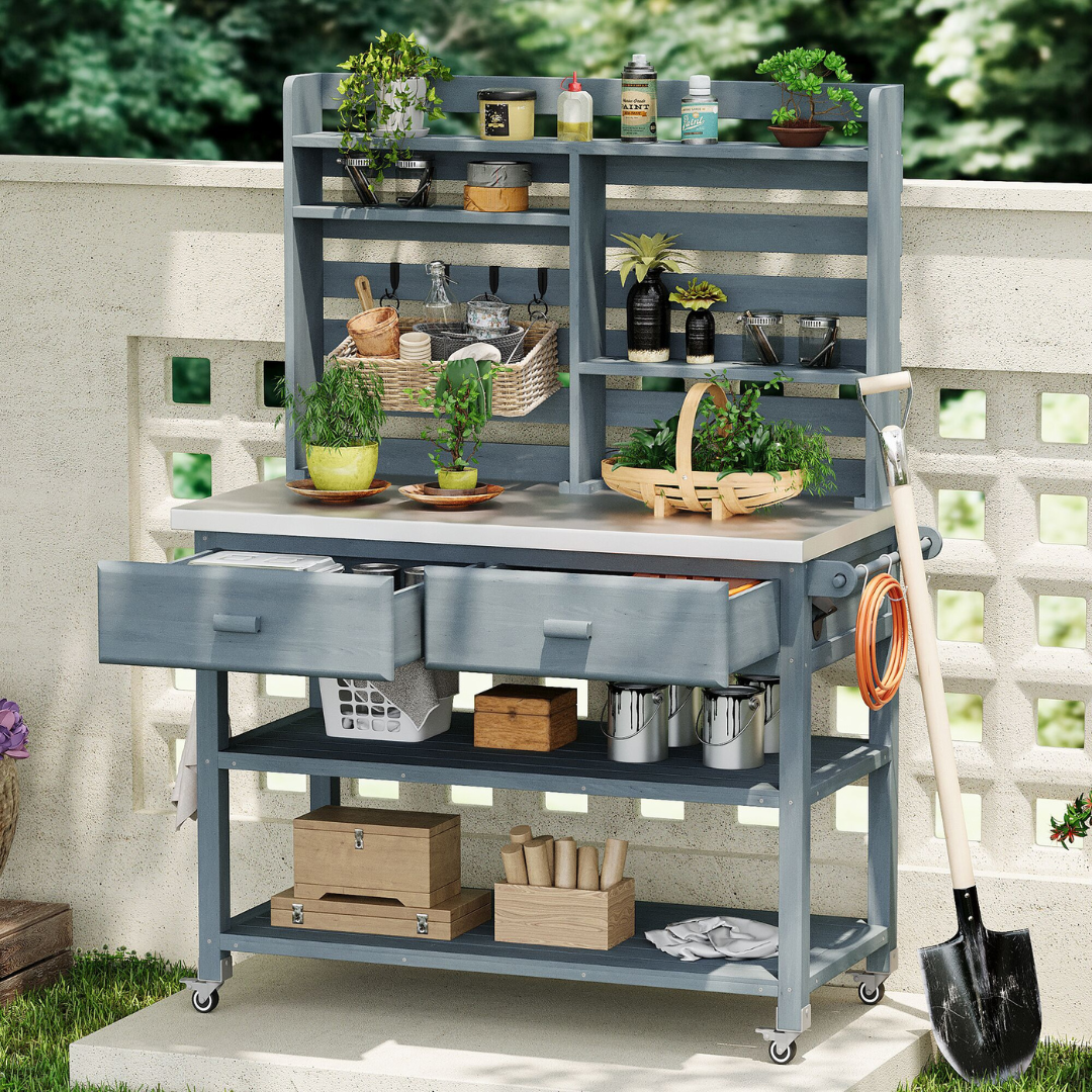 Blisstyle 64.9 Inchh Outdoor Potting Bench Table with Lockable Wheels Solid Wood Outdoor Kitchen Island