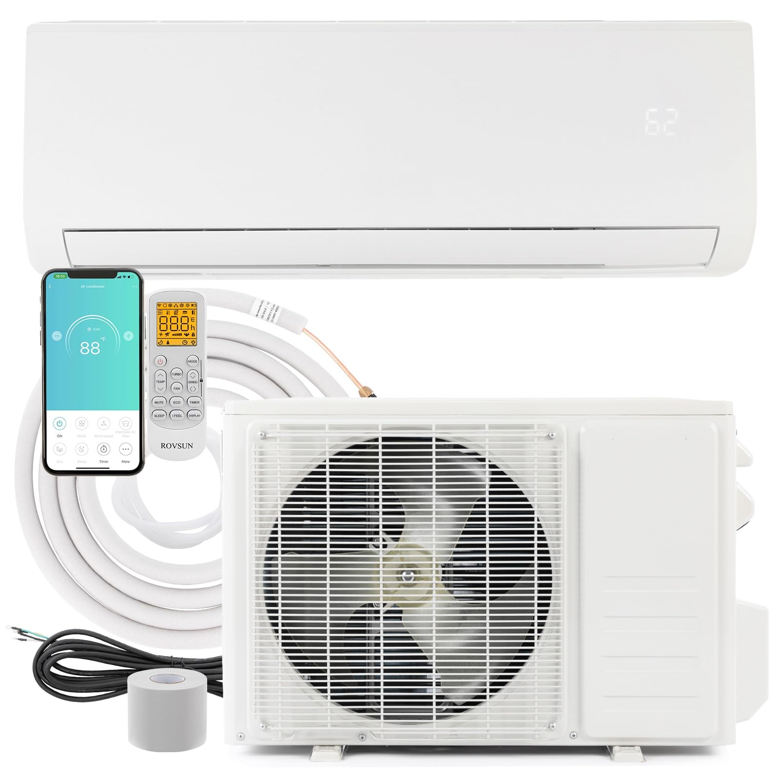 ROVSUN 9000 BTU 20 SEER 115V Pre-Charged Ductless Mini Split AC System/Inverter Split-System Wall Air Conditioner with Heat Pump Works with Alexa and WIFI