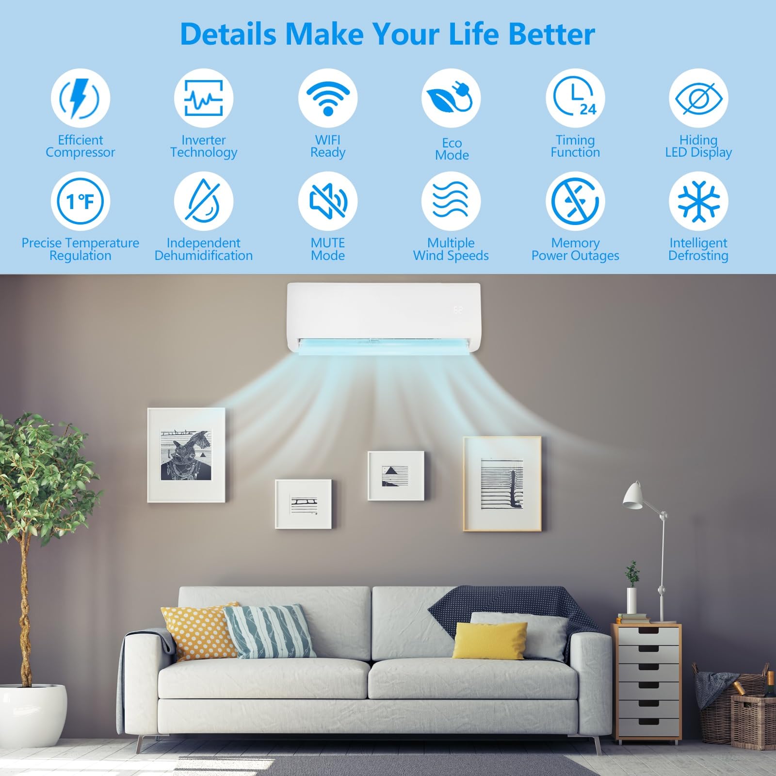 ROVSUN 9000 BTU 20 SEER 115V Pre-Charged Ductless Mini Split AC System/Inverter Split-System Wall Air Conditioner with Heat Pump Works with Alexa and WIFI