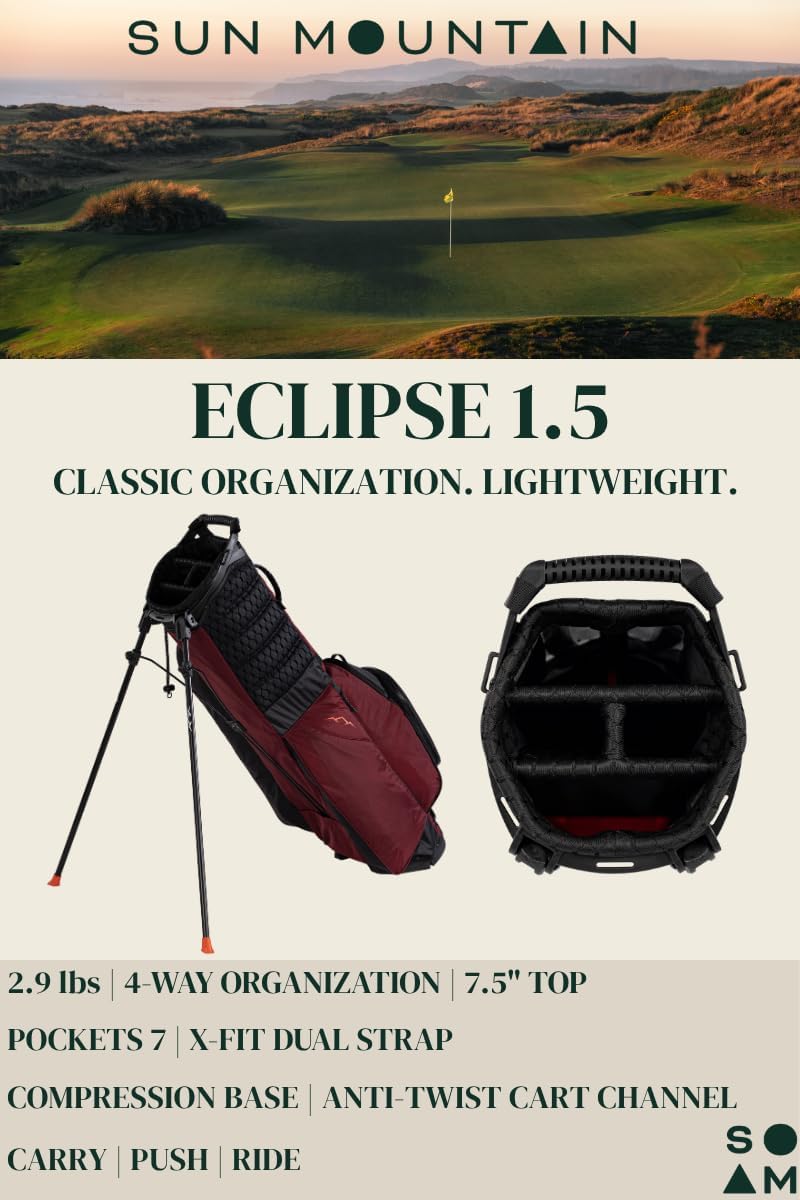 Sun Mountain Men's Eclipse 1.5 Lightweight Stand Golf Bag, 4-Way Top, 2026 Model, Black