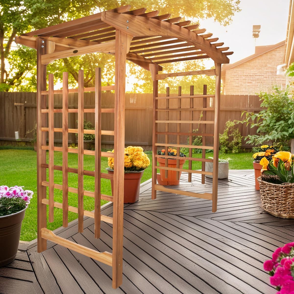 All Things Cedar 7.83-ft W x 7.25-ft H Arched Natural Wood Cedar Garden Arbor