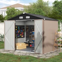 AOXUN 8x6FT Galvanized Steel Outdoor Metal Storage Shed with Double Doors with Floor Frade in Brown