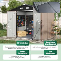 AOXUN 8x6FT Galvanized Steel Outdoor Metal Storage Shed with Double Doors with Floor Frade in Brown