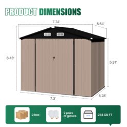 AOXUN 8x6FT Galvanized Steel Outdoor Metal Storage Shed with Double Doors with Floor Frade in Brown