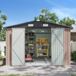 AOXUN 10x8 FT Outdoor Metal Storage Shed with Lockable Door Perfect for Tools Garden Equipment Bikes Comes with Base Ideal for Patio Placement