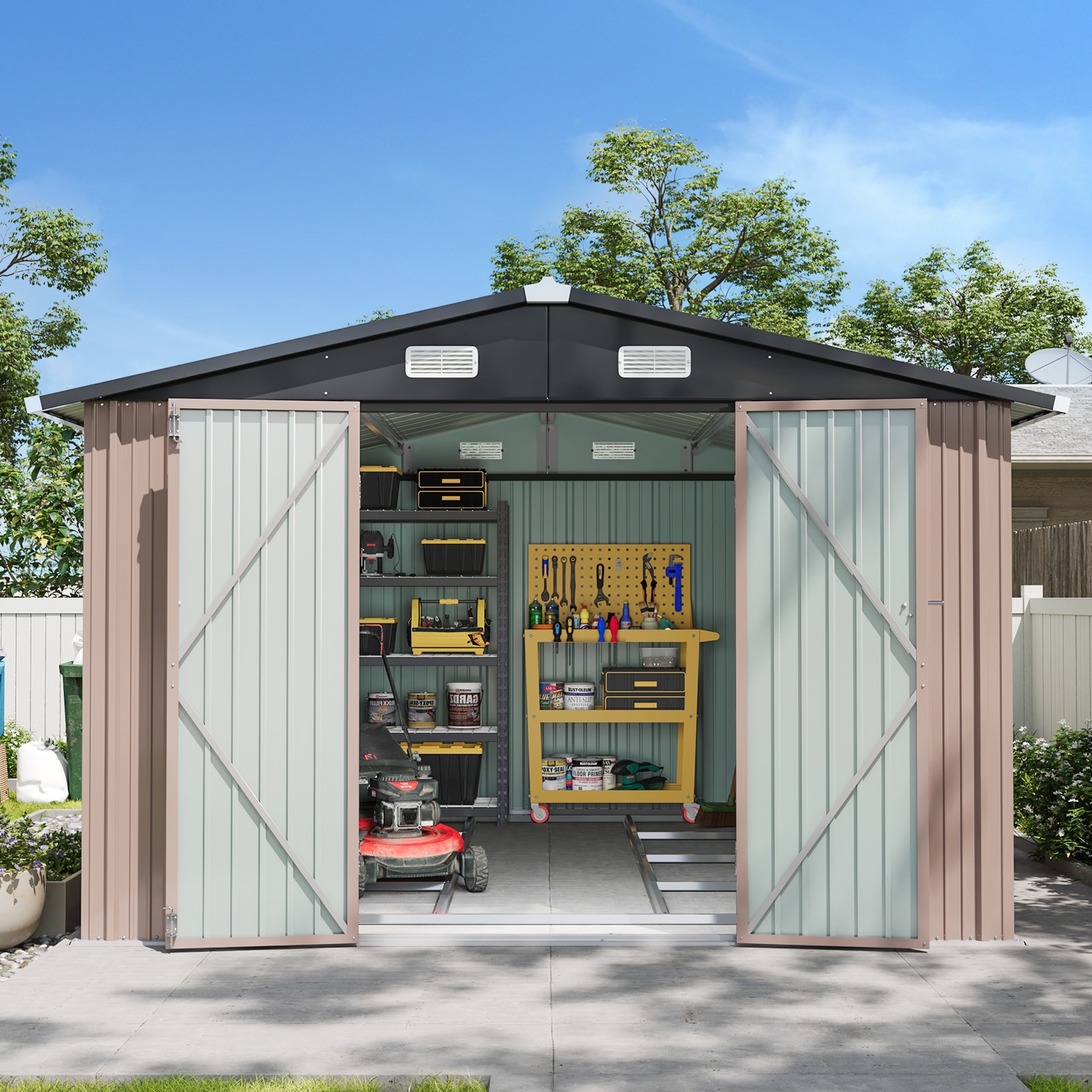 AOXUN 10x8 FT Outdoor Metal Storage Shed with Lockable Door Perfect for Tools Garden Equipment Bikes Comes with Base Ideal for Patio Placement
