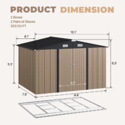 AOXUN 10x8 FT Outdoor Metal Storage Shed with Lockable Door Perfect for Tools Garden Equipment Bikes Comes with Base Ideal for Patio Placement