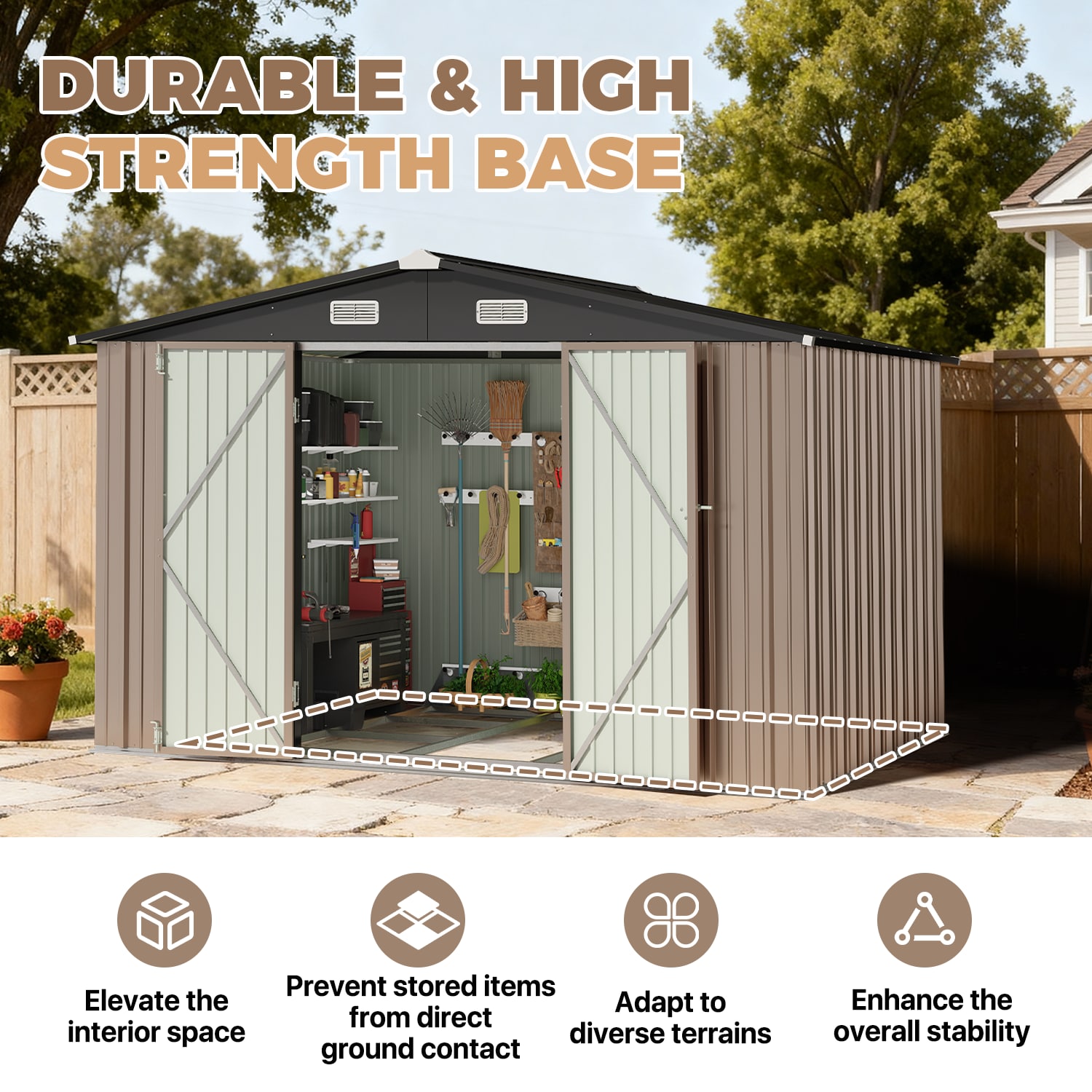 AOXUN 10x8 FT Outdoor Metal Storage Shed with Lockable Door Perfect for Tools Garden Equipment Bikes Comes with Base Ideal for Patio Placement
