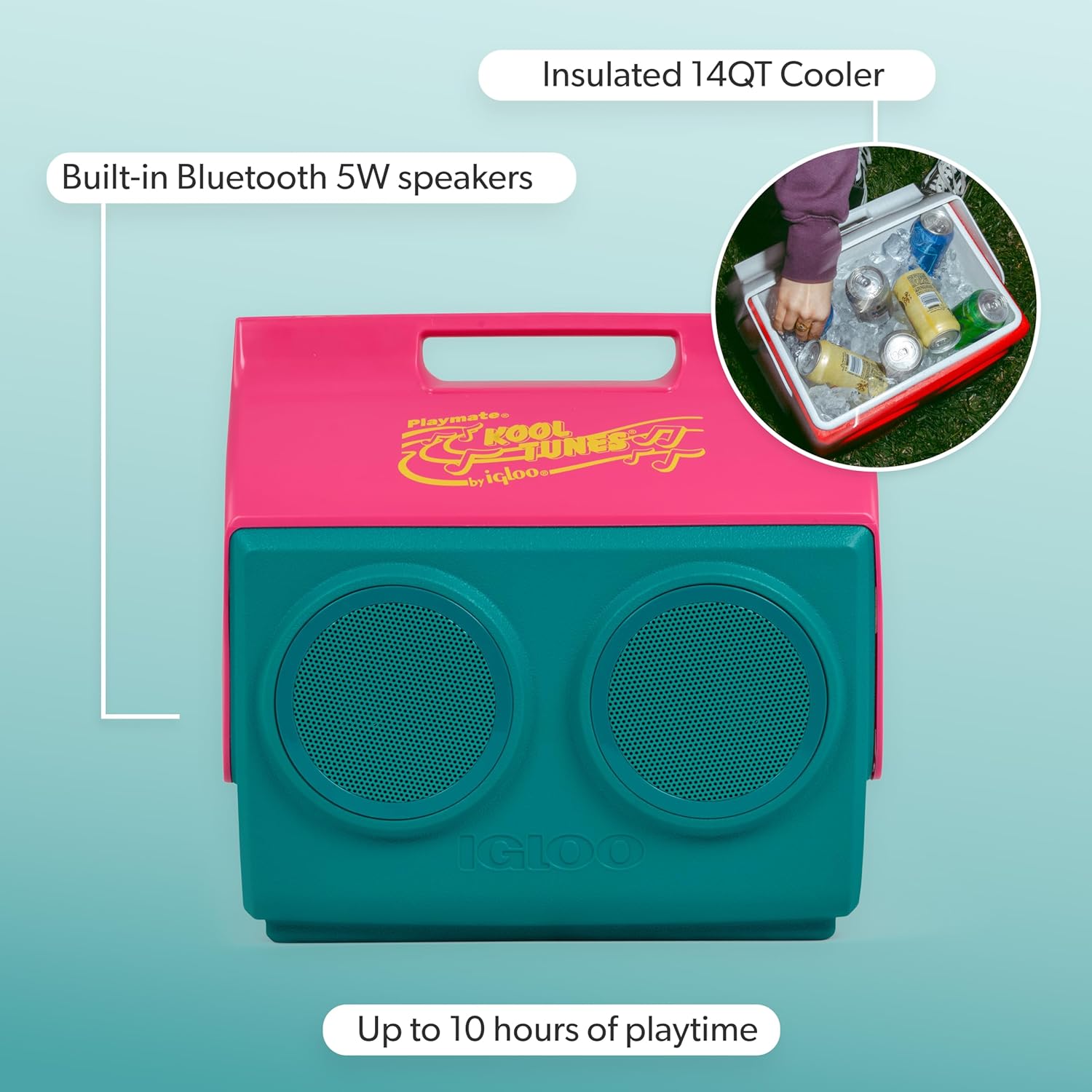 Igloo Kool Tunes Retro Bluetooth Boombox Cooler, 14 Qt Playmate Cooler with Speakers, Jade