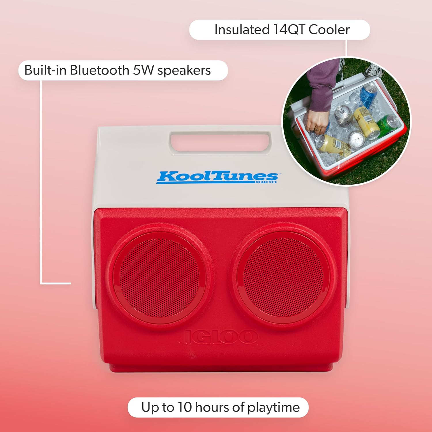 Igloo Kool Tunes Retro Bluetooth Boombox Cooler, 14 Qt Playmate Cooler with Speakers, Red White