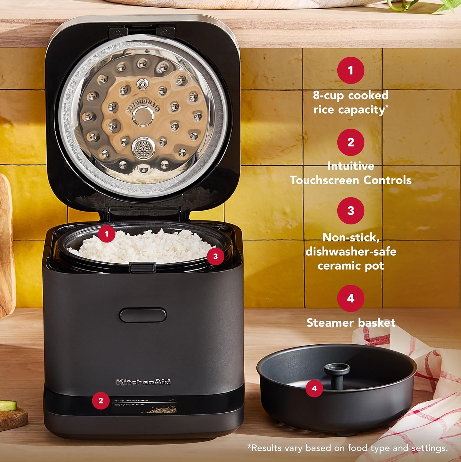 KitchenAid Compact 8 Cup Grain and Rice Cooker with Automatic Sensing and Integrated Scale, KGC2154, Black Matte
