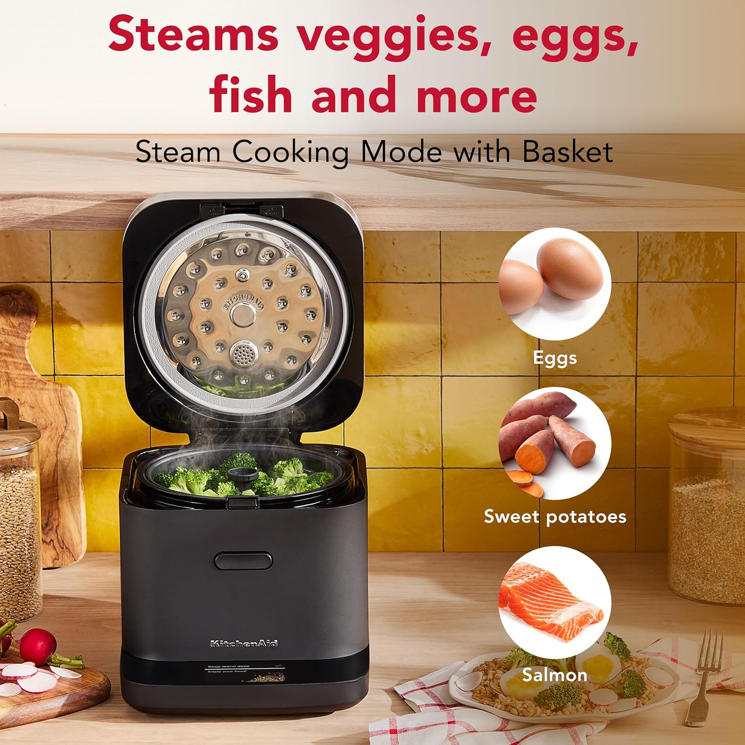 KitchenAid Compact 8 Cup Grain and Rice Cooker with Automatic Sensing and Integrated Scale, KGC2154, Black Matte