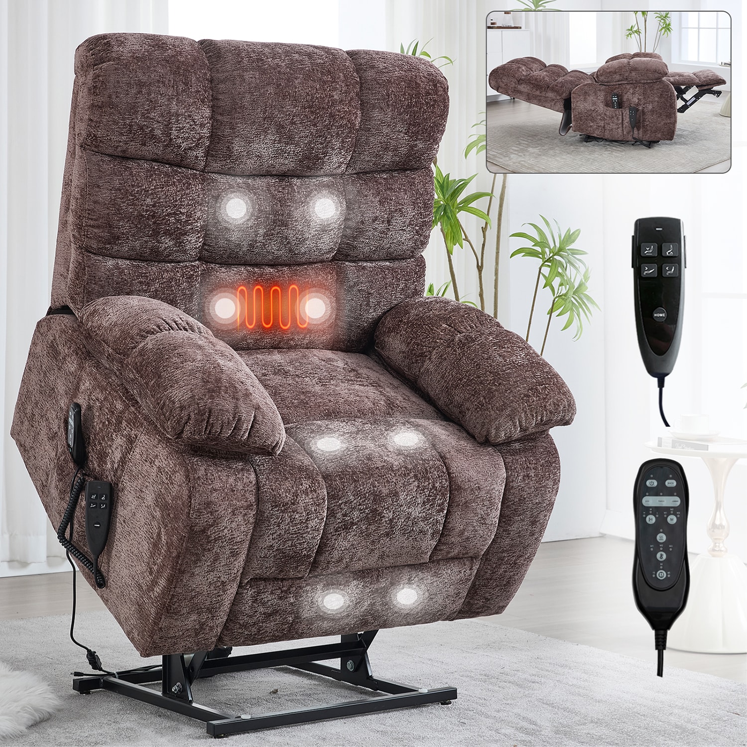 GZMR Heavy Duty Heat Massage Dual Motor Power Lift Recliner Brown Chenille Upholstered Powered Reclining Massage chair with Lift Assistance
