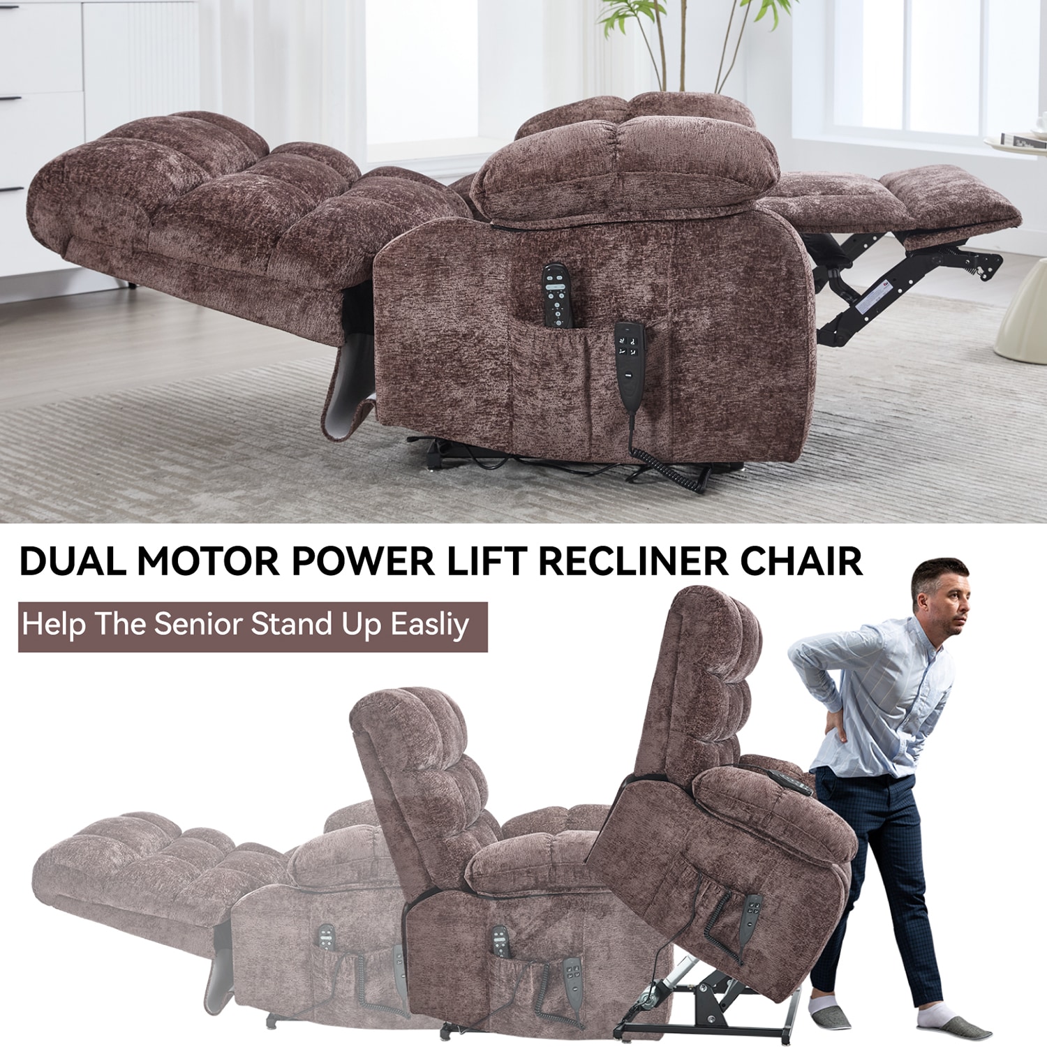 GZMR Heavy Duty Heat Massage Dual Motor Power Lift Recliner Brown Chenille Upholstered Powered Reclining Massage chair with Lift Assistance