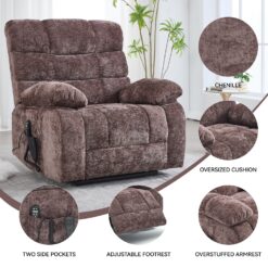 GZMR Heavy Duty Heat Massage Dual Motor Power Lift Recliner Brown Chenille Upholstered Powered Reclining Massage chair with Lift Assistance