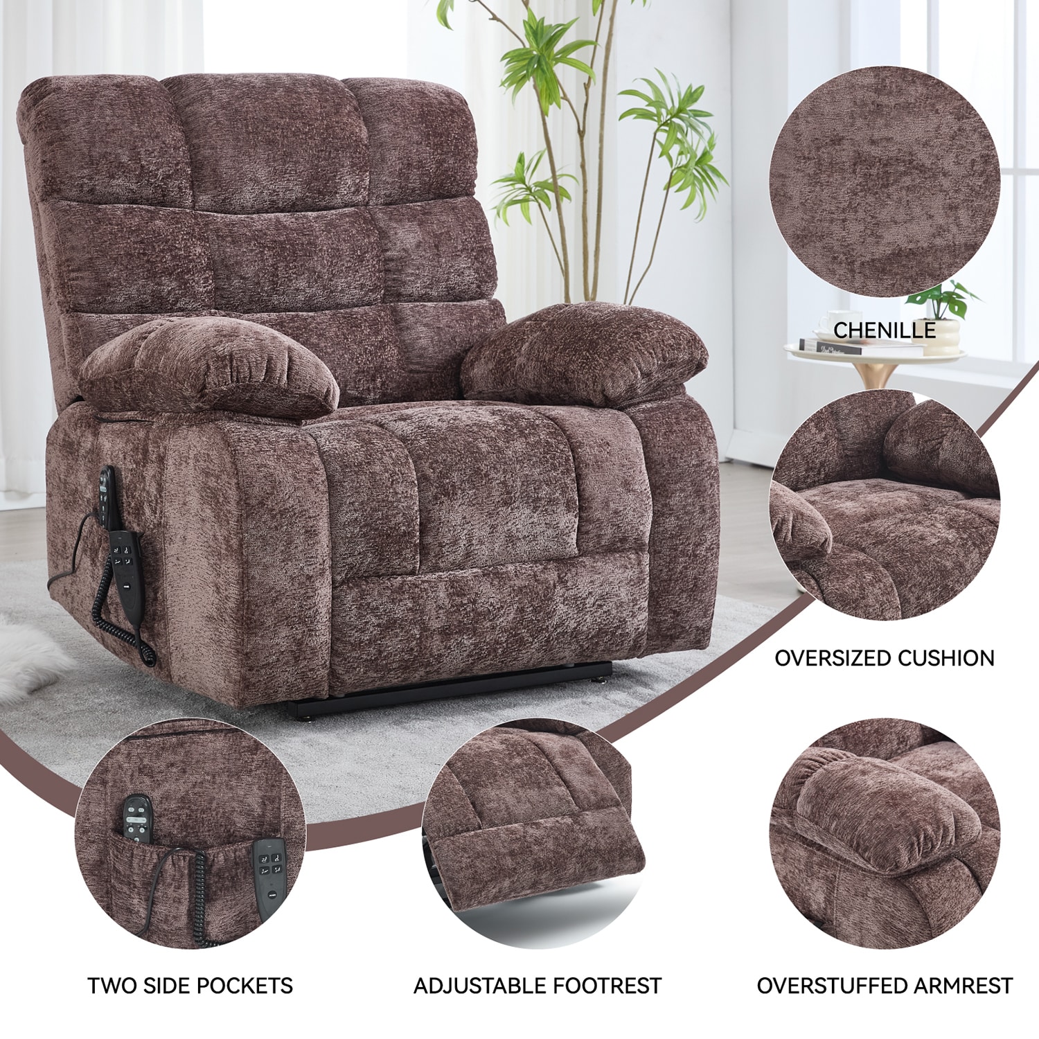 GZMR Heavy Duty Heat Massage Dual Motor Power Lift Recliner Brown Chenille Upholstered Powered Reclining Massage chair with Lift Assistance