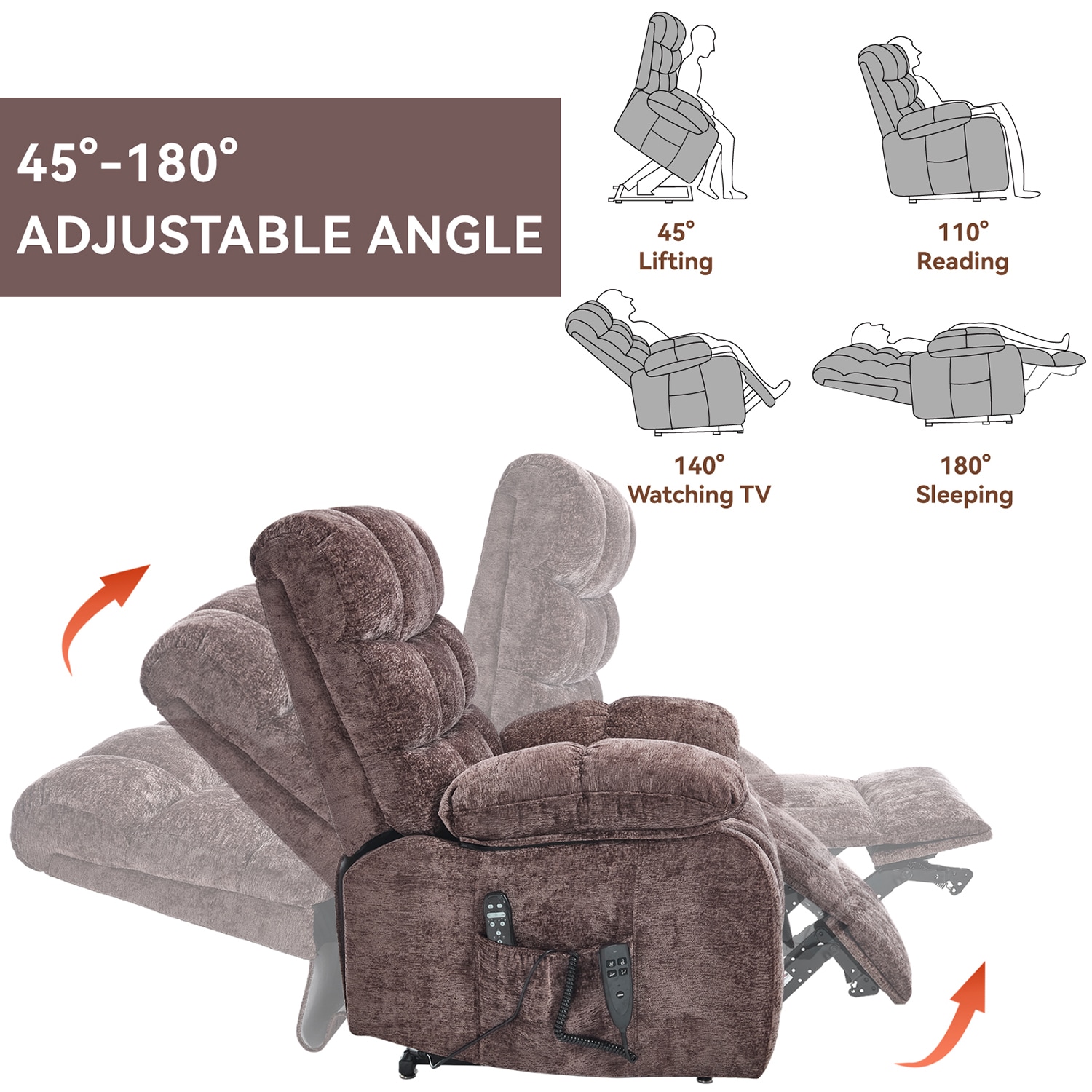 GZMR Heavy Duty Heat Massage Dual Motor Power Lift Recliner Brown Chenille Upholstered Powered Reclining Massage chair with Lift Assistance
