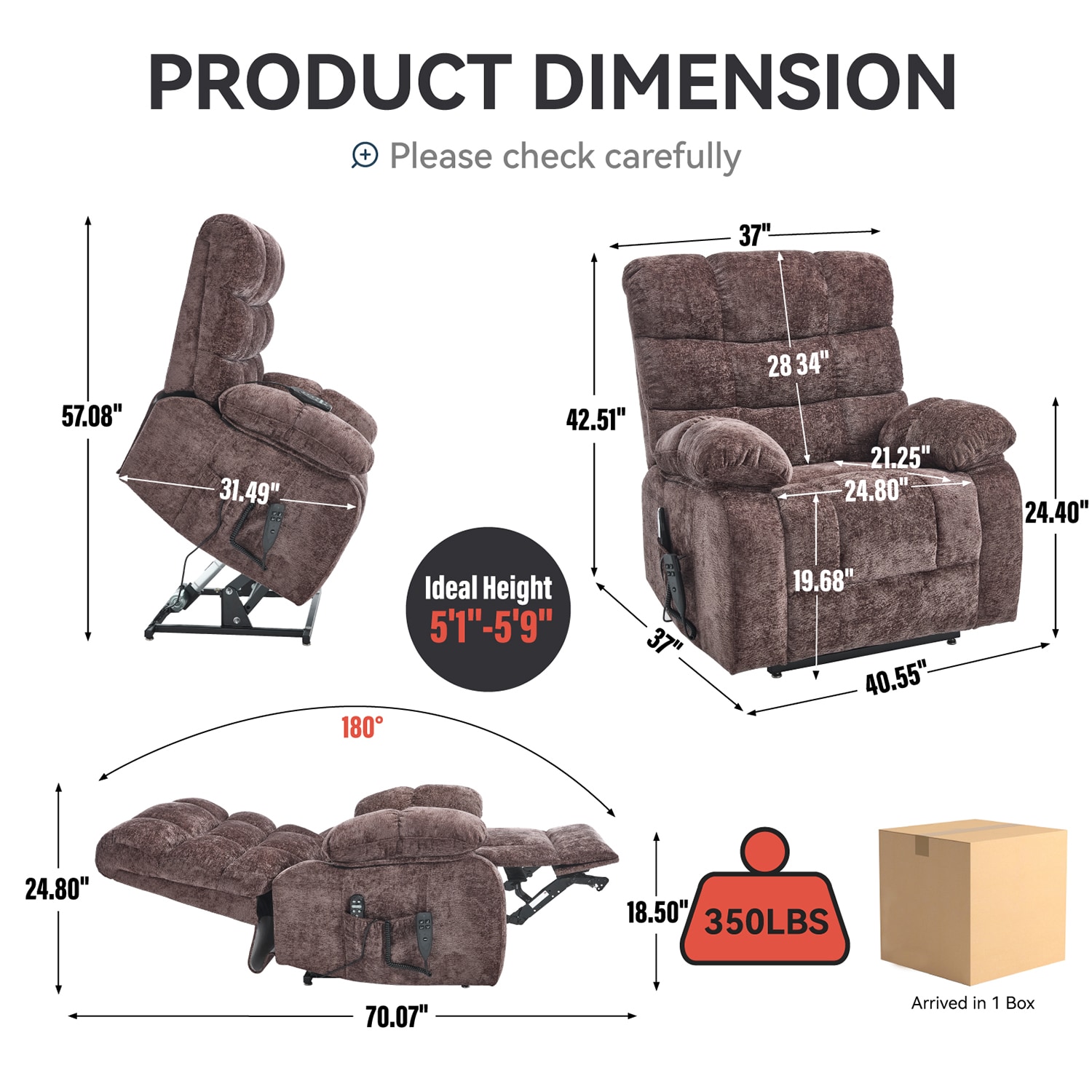 GZMR Heavy Duty Heat Massage Dual Motor Power Lift Recliner Brown Chenille Upholstered Powered Reclining Massage chair with Lift Assistance