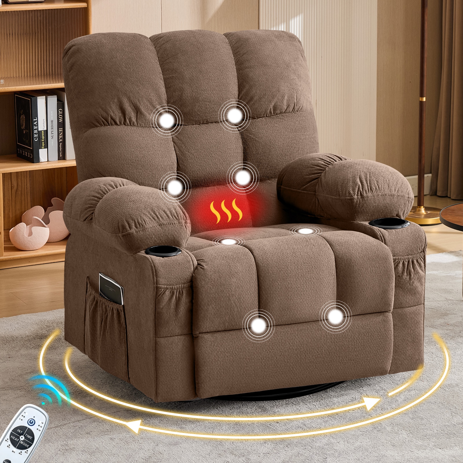 GZMR Heat Massage Rocker Swivel Manual Recliner Brown Linen Upholstered Swivel rocker Infinite-position