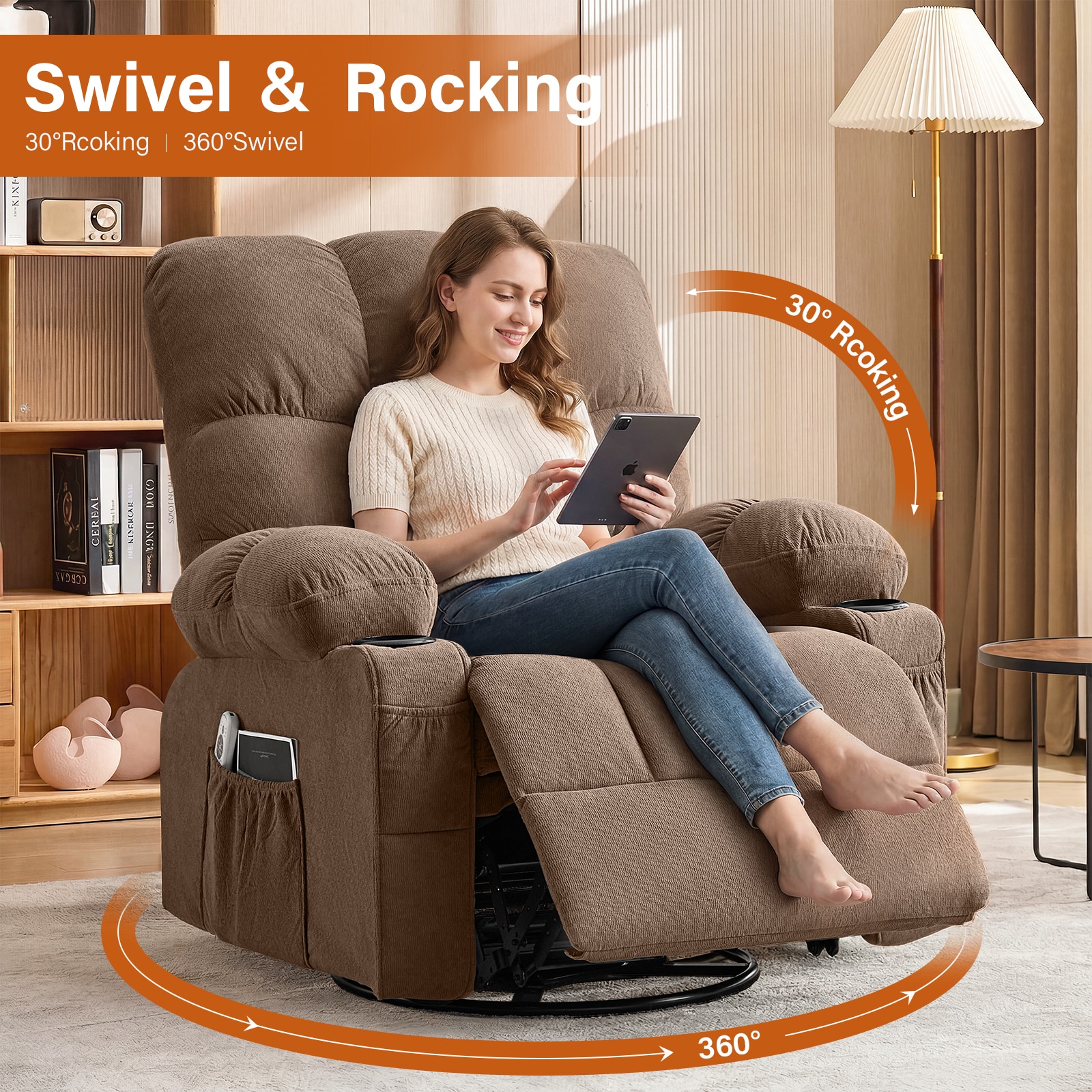 GZMR Heat Massage Rocker Swivel Manual Recliner Brown Linen Upholstered Swivel rocker Infinite-position
