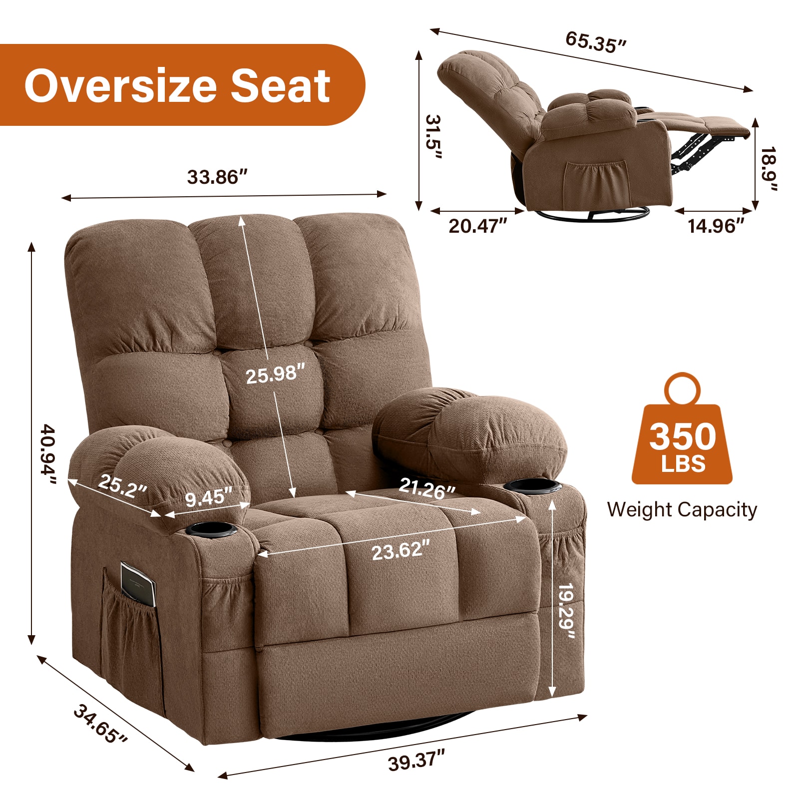 GZMR Heat Massage Rocker Swivel Manual Recliner Brown Linen Upholstered Swivel rocker Infinite-position