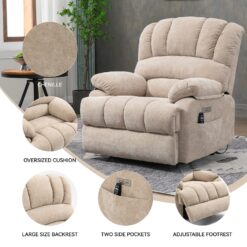 GZMR Large Size Chenille Power Lift Recliner Chair Beige Chenille Upholstered Powered Reclining Stationary with Lift Assistance