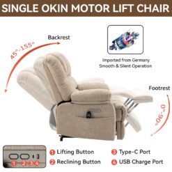 GZMR Large Size Chenille Power Lift Recliner Chair Beige Chenille Upholstered Powered Reclining Stationary with Lift Assistance