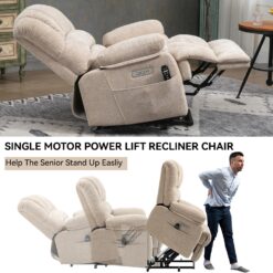 GZMR Large Size Chenille Power Lift Recliner Chair Beige Chenille Upholstered Powered Reclining Stationary with Lift Assistance
