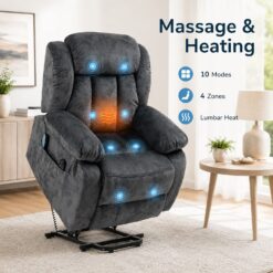 GZMR Power Lift Massage Recliner Grayish Blue Velvet Upholstered Tufted Powered Reclining Stationary Fixed-position with Lift Assistance