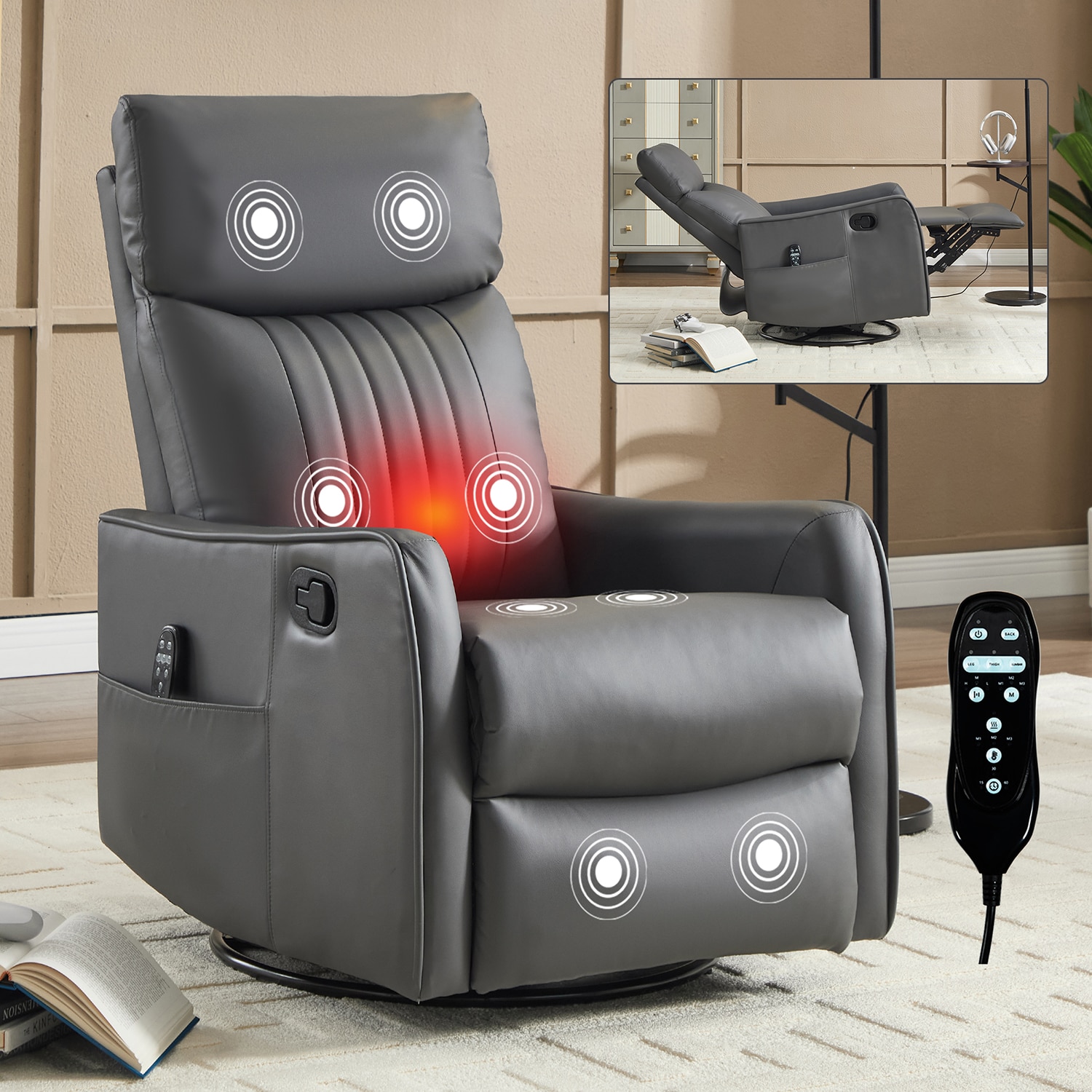 GZMR Heat Massage Rocker Swivel Manual Recliner Gray Faux leather Upholstered Swivel rocker Fixed-position