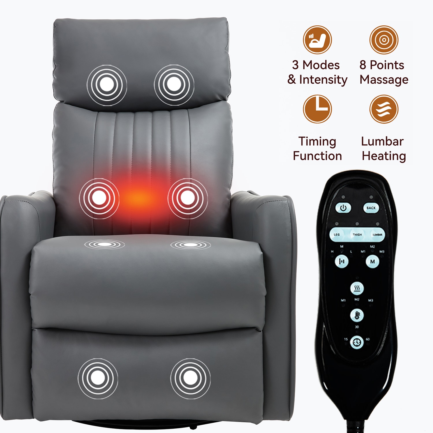 GZMR Heat Massage Rocker Swivel Manual Recliner Gray Faux leather Upholstered Swivel rocker Fixed-position
