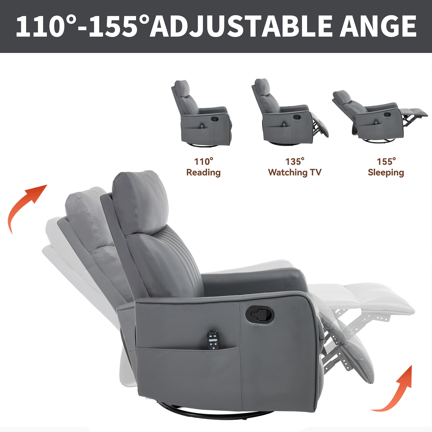 GZMR Heat Massage Rocker Swivel Manual Recliner Gray Faux leather Upholstered Swivel rocker Fixed-position