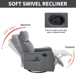 GZMR Heat Massage Rocker Swivel Manual Recliner Gray Faux leather Upholstered Swivel rocker Fixed-position