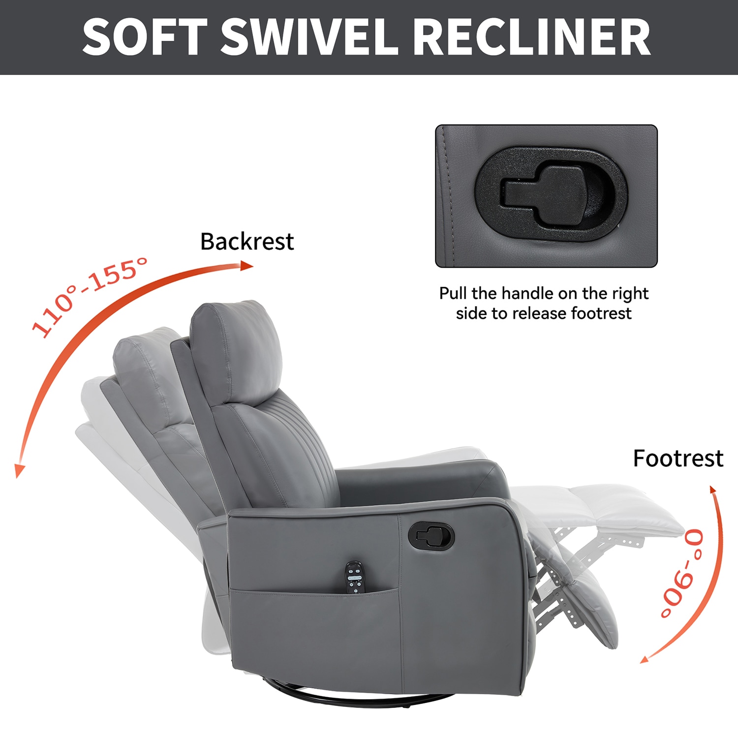 GZMR Heat Massage Rocker Swivel Manual Recliner Gray Faux leather Upholstered Swivel rocker Fixed-position