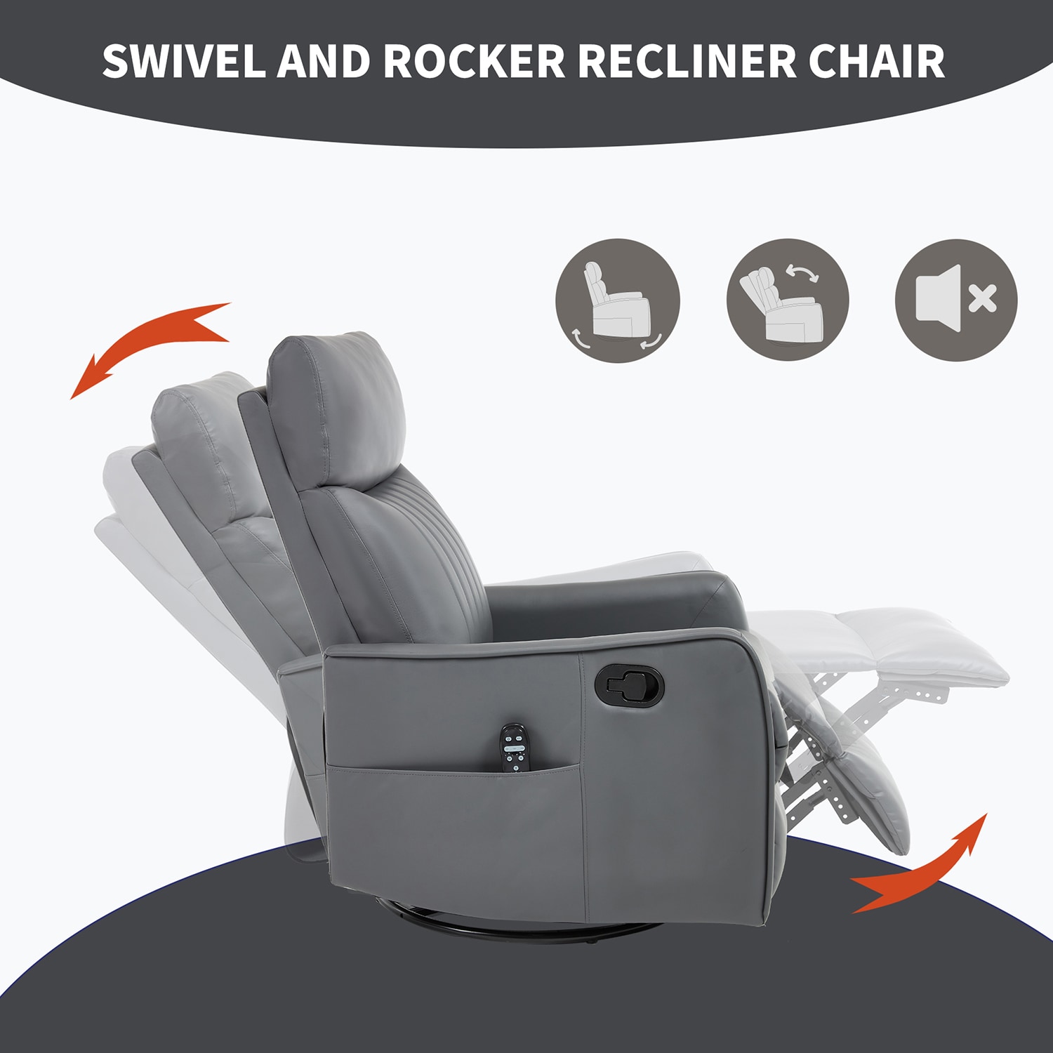GZMR Heat Massage Rocker Swivel Manual Recliner Gray Faux leather Upholstered Swivel rocker Fixed-position