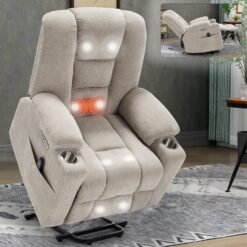 GZMR Heavy Duty 8-Point Vibration Massage Heating Power Lift Recliner Chair Beige Chenille Upholstered Powered Reclining Massage chair with Lift Assistance