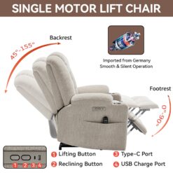 GZMR Heavy Duty 8-Point Vibration Massage Heating Power Lift Recliner Chair Beige Chenille Upholstered Powered Reclining Massage chair with Lift Assistance