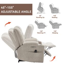 GZMR Heavy Duty 8-Point Vibration Massage Heating Power Lift Recliner Chair Beige Chenille Upholstered Powered Reclining Massage chair with Lift Assistance