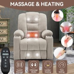 GZMR Heavy Duty 8-Point Vibration Massage Heating Power Lift Recliner Chair Beige Chenille Upholstered Powered Reclining Massage chair with Lift Assistance