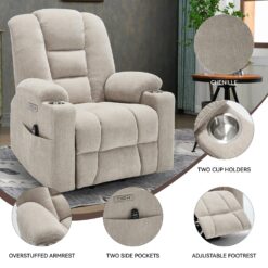 GZMR Heavy Duty 8-Point Vibration Massage Heating Power Lift Recliner Chair Beige Chenille Upholstered Powered Reclining Massage chair with Lift Assistance