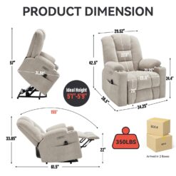 GZMR Heavy Duty 8-Point Vibration Massage Heating Power Lift Recliner Chair Beige Chenille Upholstered Powered Reclining Massage chair with Lift Assistance