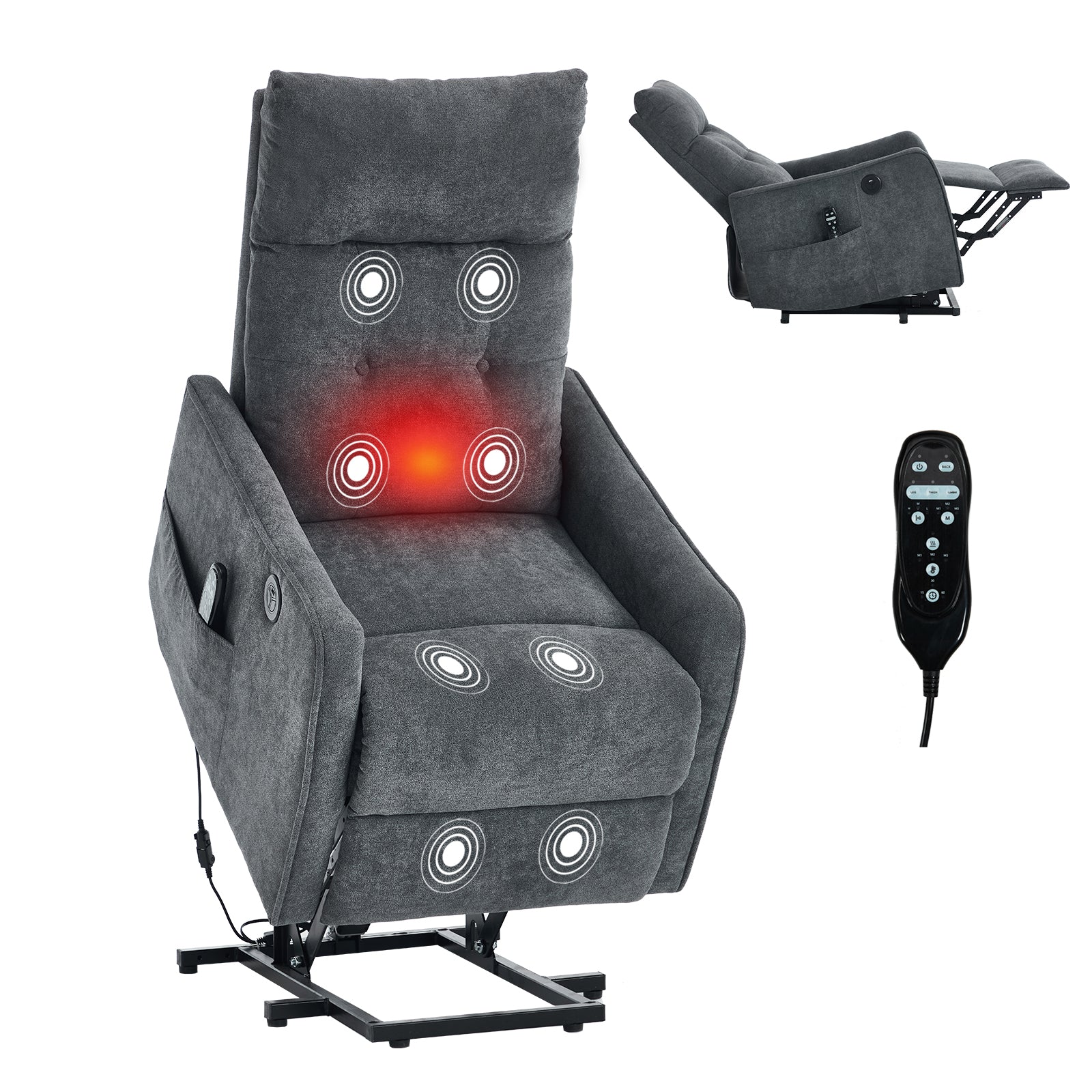 Boyel Living Grey Chenille Single Motor Power Lift Recliner Chair with Massage and Heat for Elderly Heavy Duty Motion Mechanism and One USB for Charging