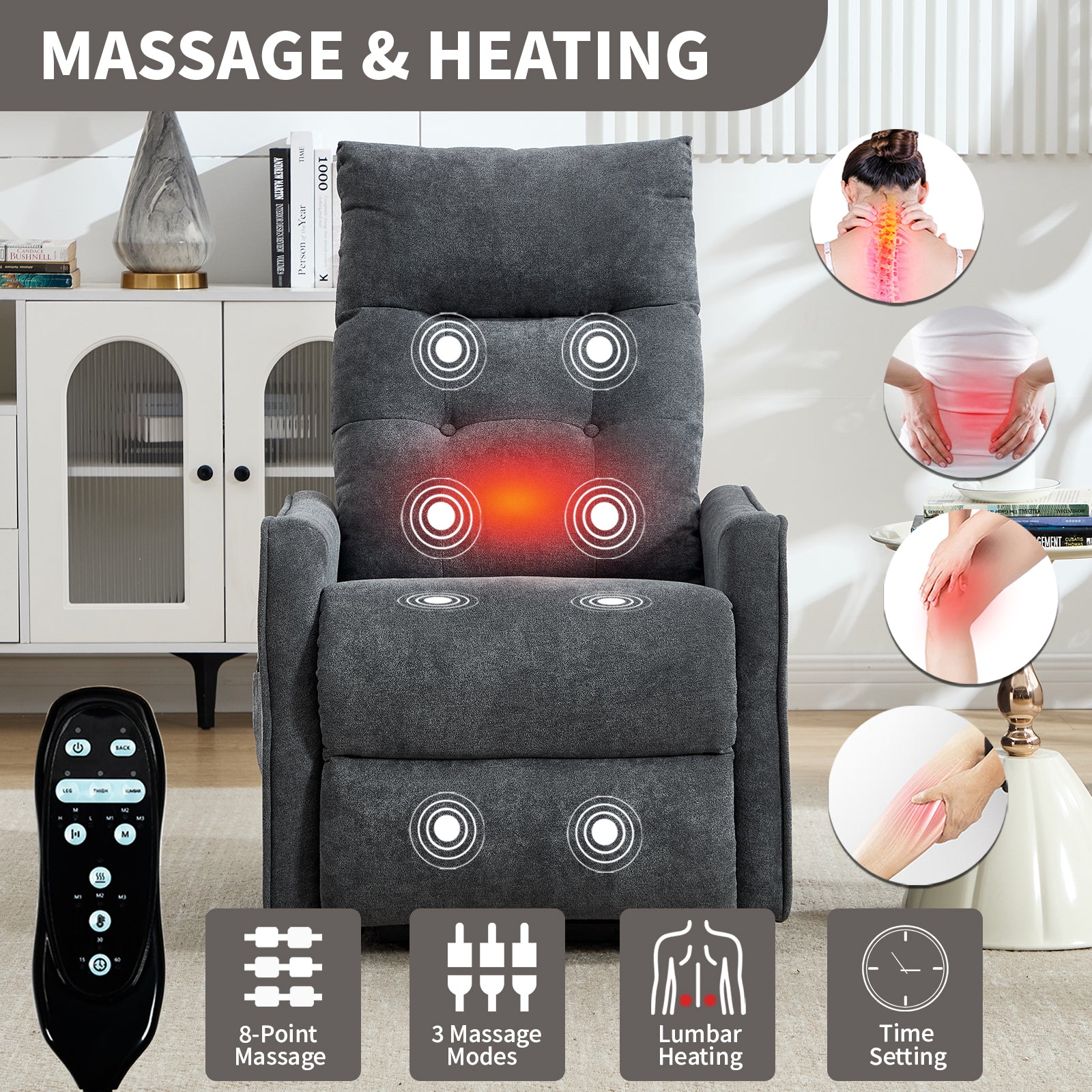 Boyel Living Grey Chenille Single Motor Power Lift Recliner Chair with Massage and Heat for Elderly Heavy Duty Motion Mechanism and One USB for Charging