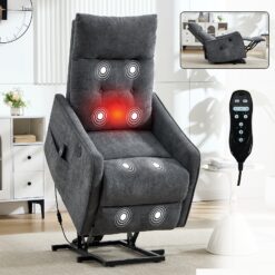 Boyel Living Grey Chenille Single Motor Power Lift Recliner Chair with Massage and Heat for Elderly Heavy Duty Motion Mechanism and One USB for Charging