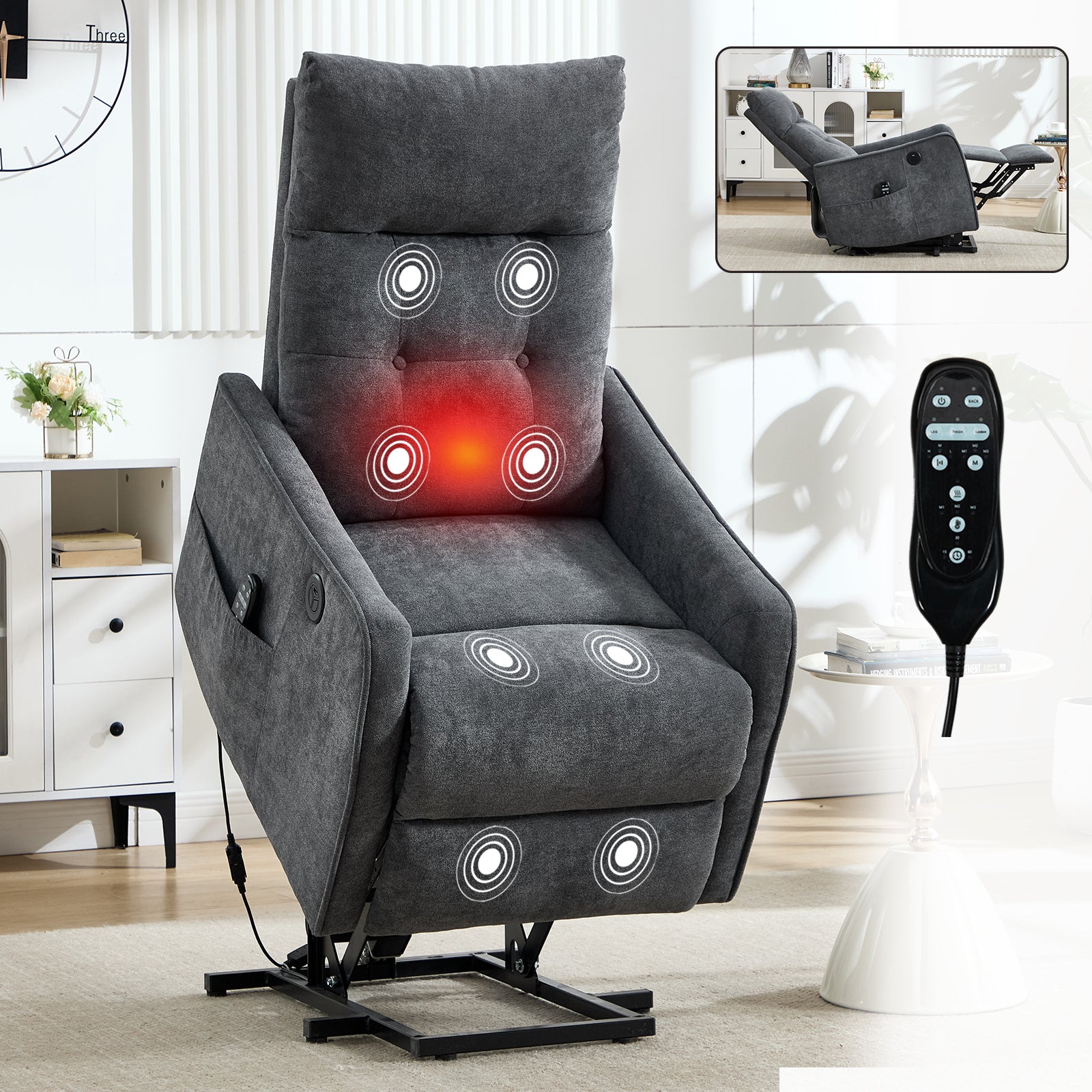 Boyel Living Grey Chenille Single Motor Power Lift Recliner Chair with Massage and Heat for Elderly Heavy Duty Motion Mechanism and One USB for Charging
