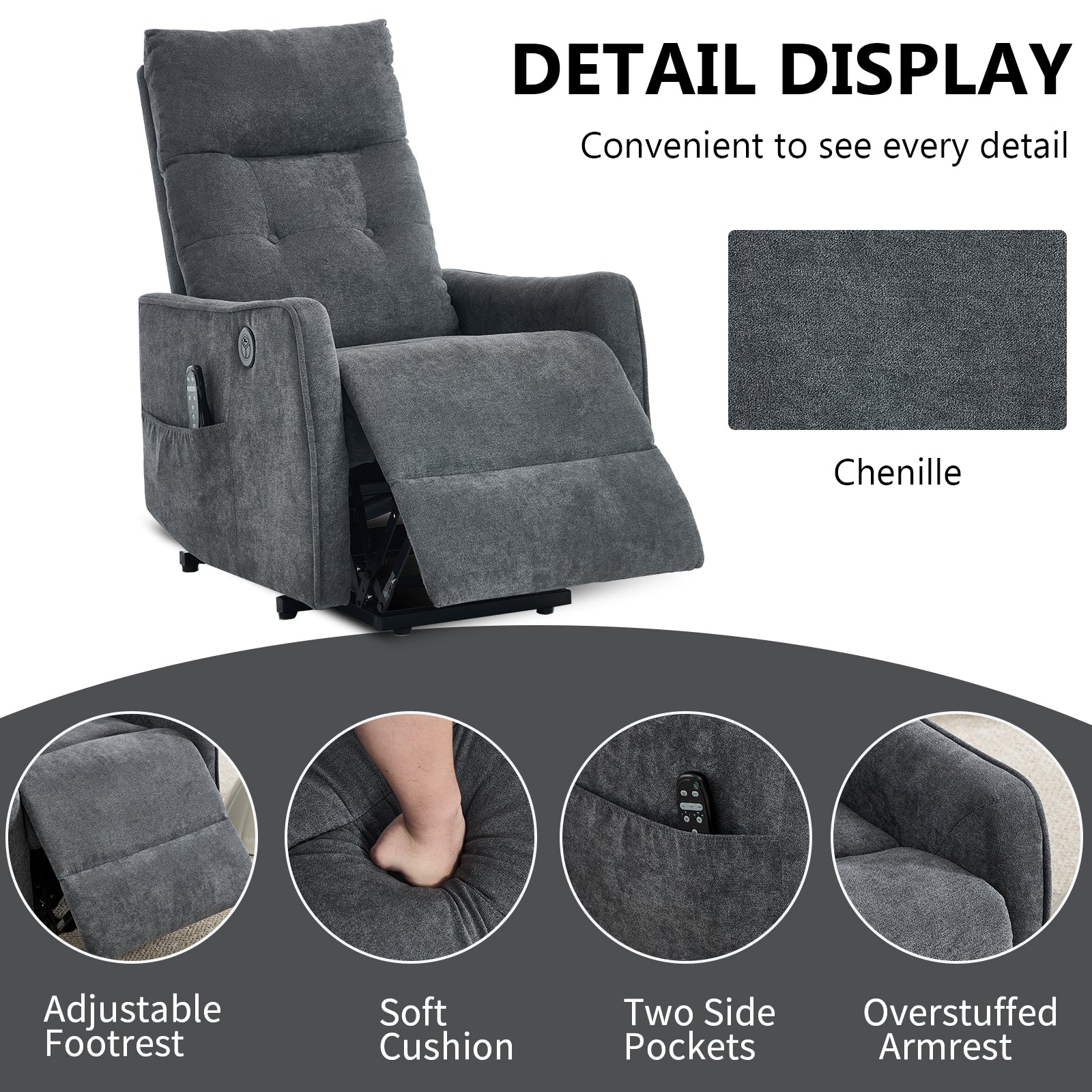 Boyel Living Grey Chenille Single Motor Power Lift Recliner Chair with Massage and Heat for Elderly Heavy Duty Motion Mechanism and One USB for Charging