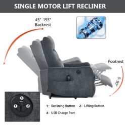 Boyel Living Grey Chenille Single Motor Power Lift Recliner Chair with Massage and Heat for Elderly Heavy Duty Motion Mechanism and One USB for Charging