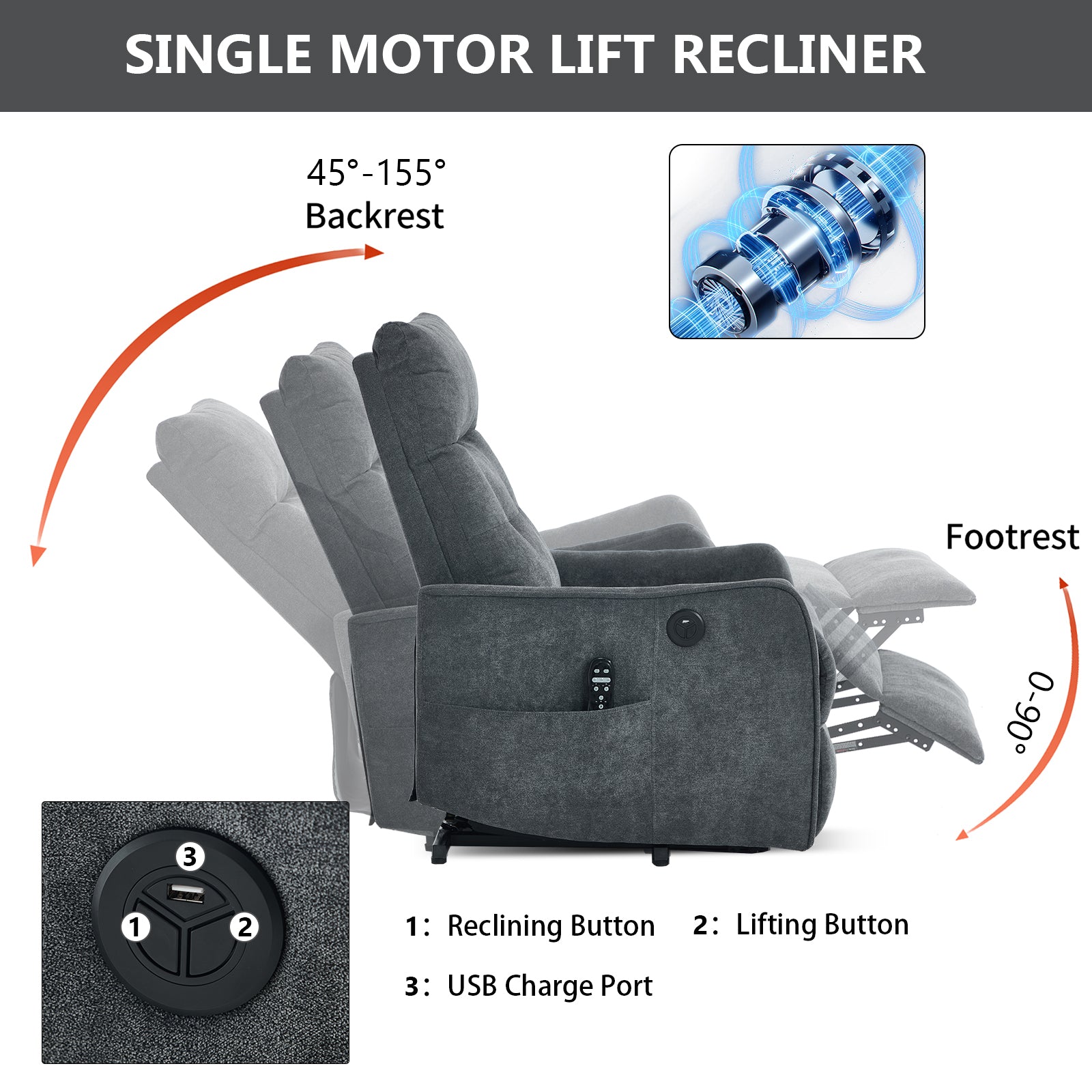 Boyel Living Grey Chenille Single Motor Power Lift Recliner Chair with Massage and Heat for Elderly Heavy Duty Motion Mechanism and One USB for Charging